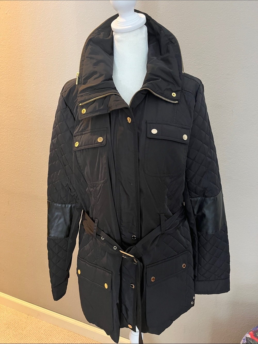 Calvin Klein Black Belted Hooded Rain jacket Gold Hardware Size L